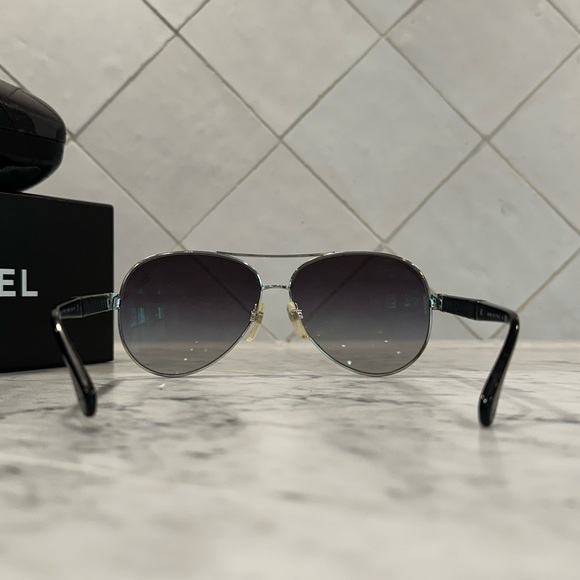 Chanel Silver Frame with Black Leather Arm Sunglasses - Picture 6 of 16
